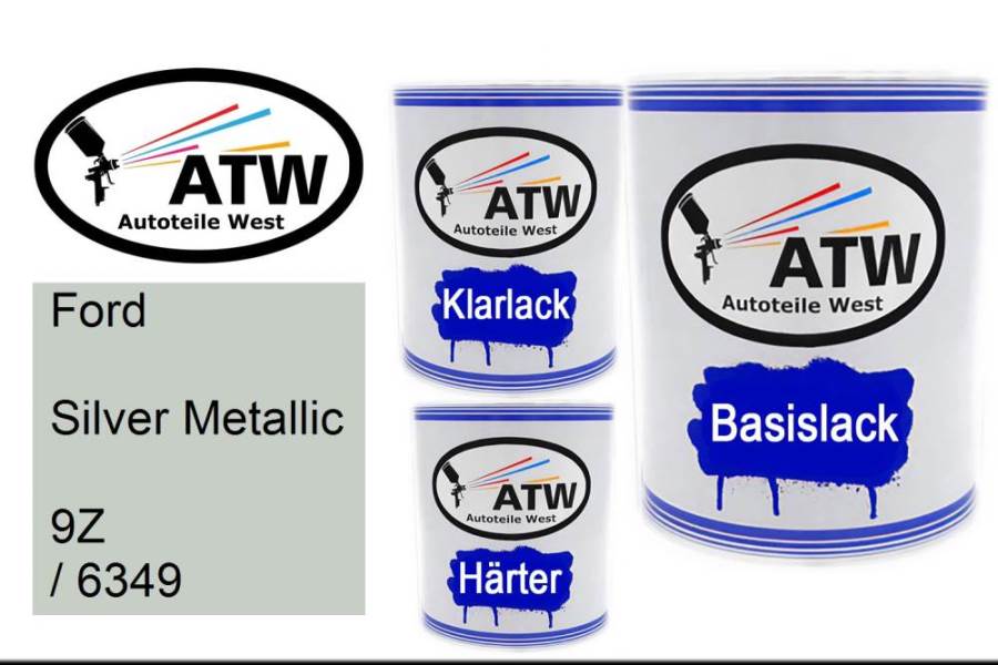 Ford, Silver Metallic, 9Z / 6349: 1L Lackdose + 1L Klarlack + 500ml Härter - Set, von ATW Autoteile West.